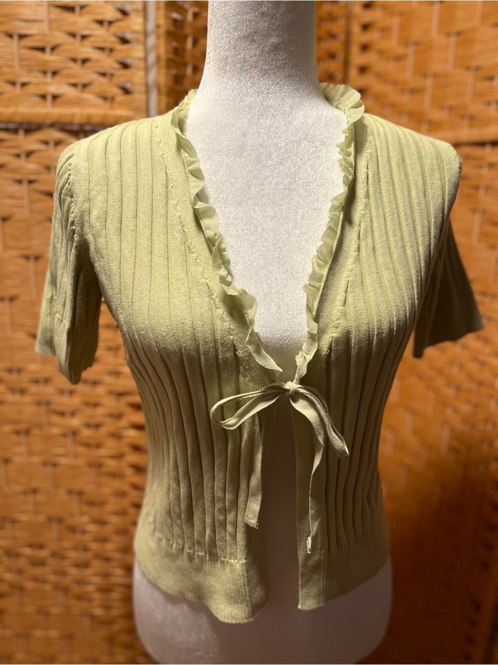 Light Green Ruffle-Trim Tie-Front Short Sleeve Sweater